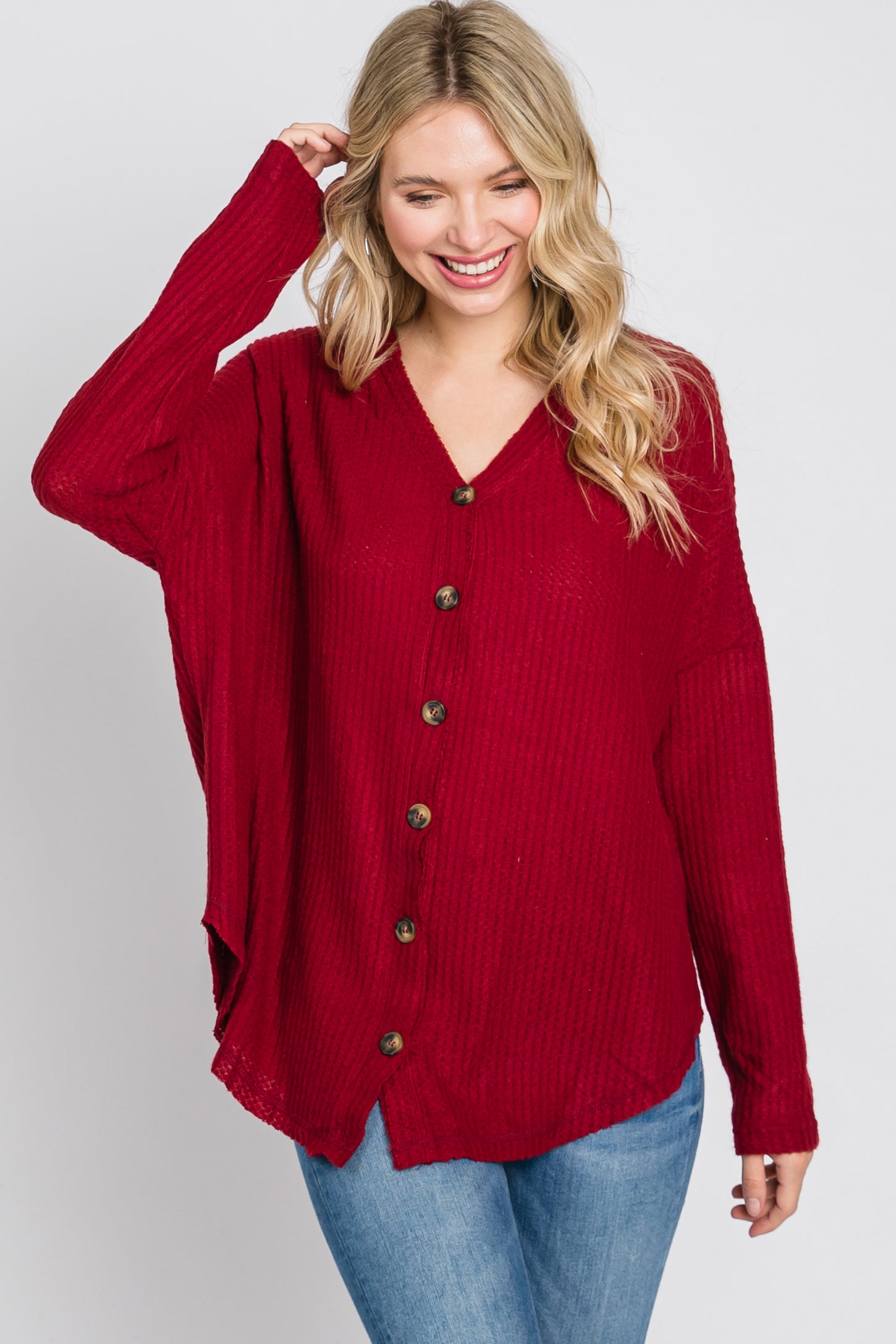 Red Waffle Knit Button Down Top