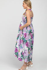 Lavender Floral Smocked Ruffle Strap Maternity Midi Dress