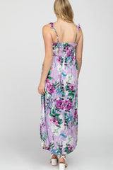 Lavender Floral Smocked Ruffle Strap Maternity Midi Dress