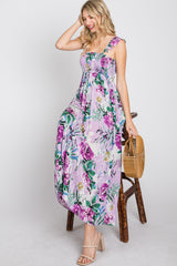 Lavender Floral Smocked Ruffle Strap Midi Dress
