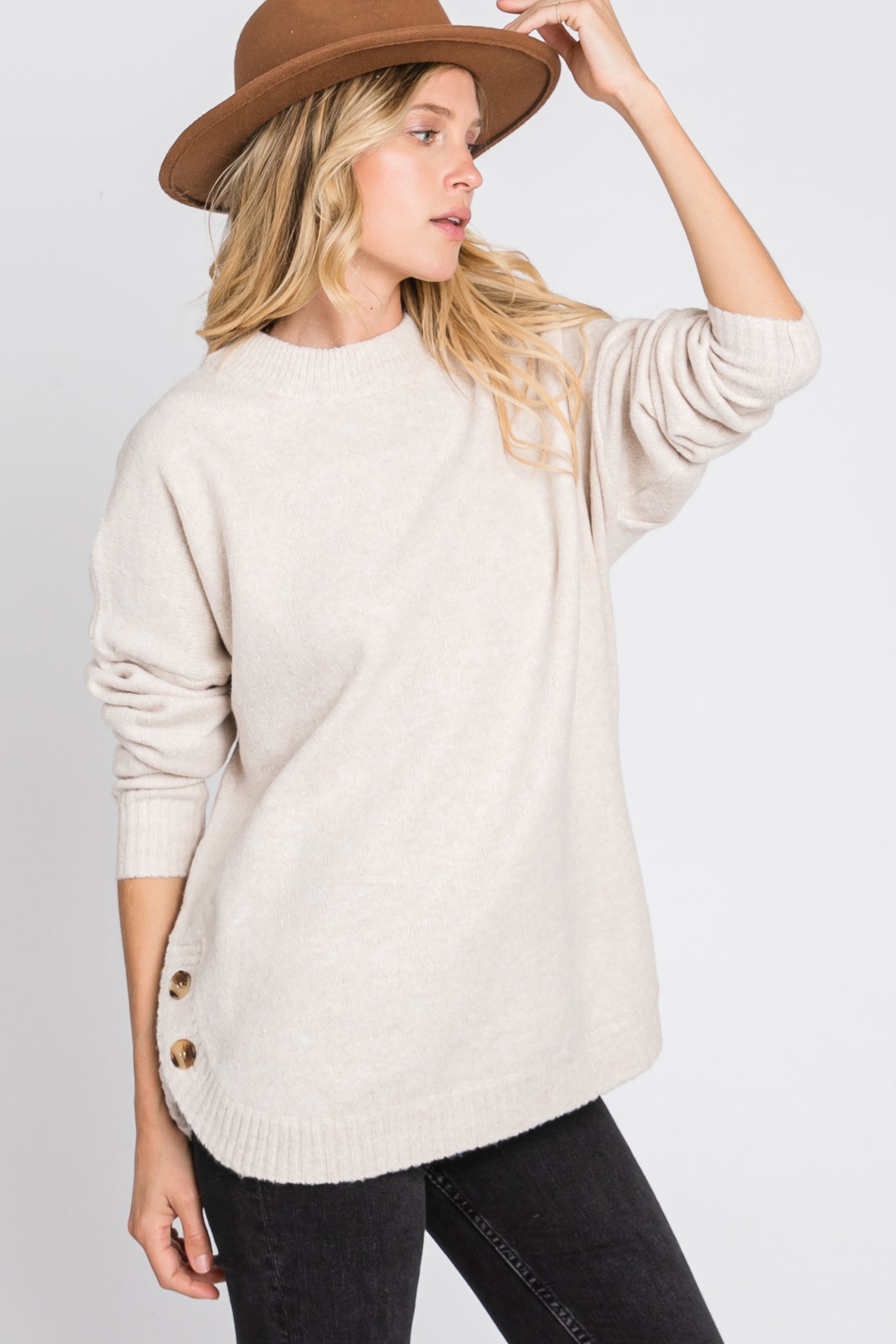 Beige Button Accent Sweater