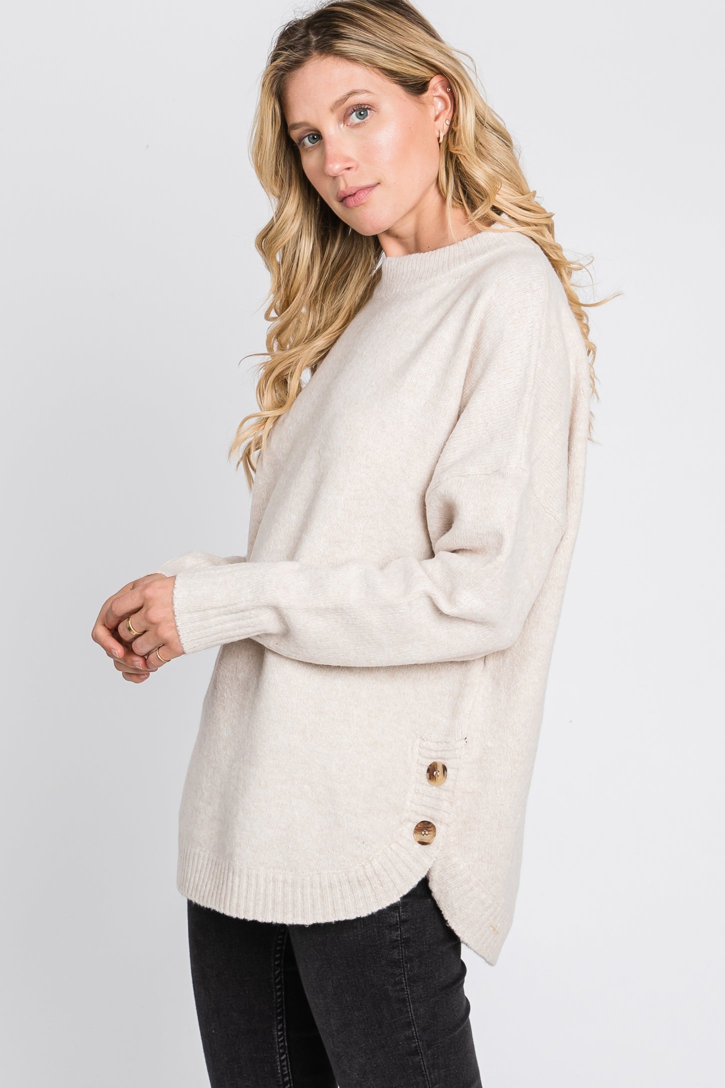 Beige Button Accent Sweater