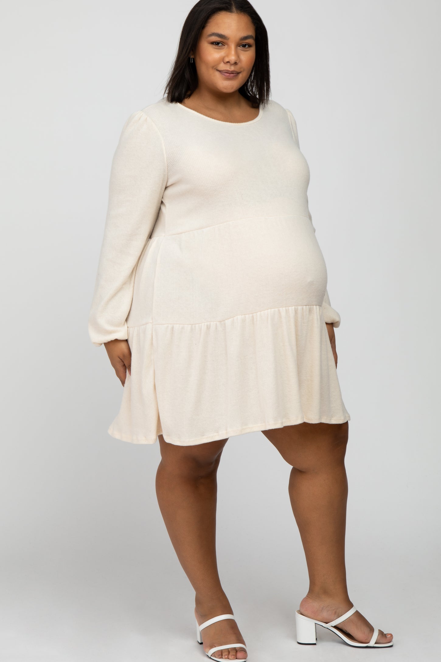 Cream Brushed Knit Tiered Maternity Plus Dress