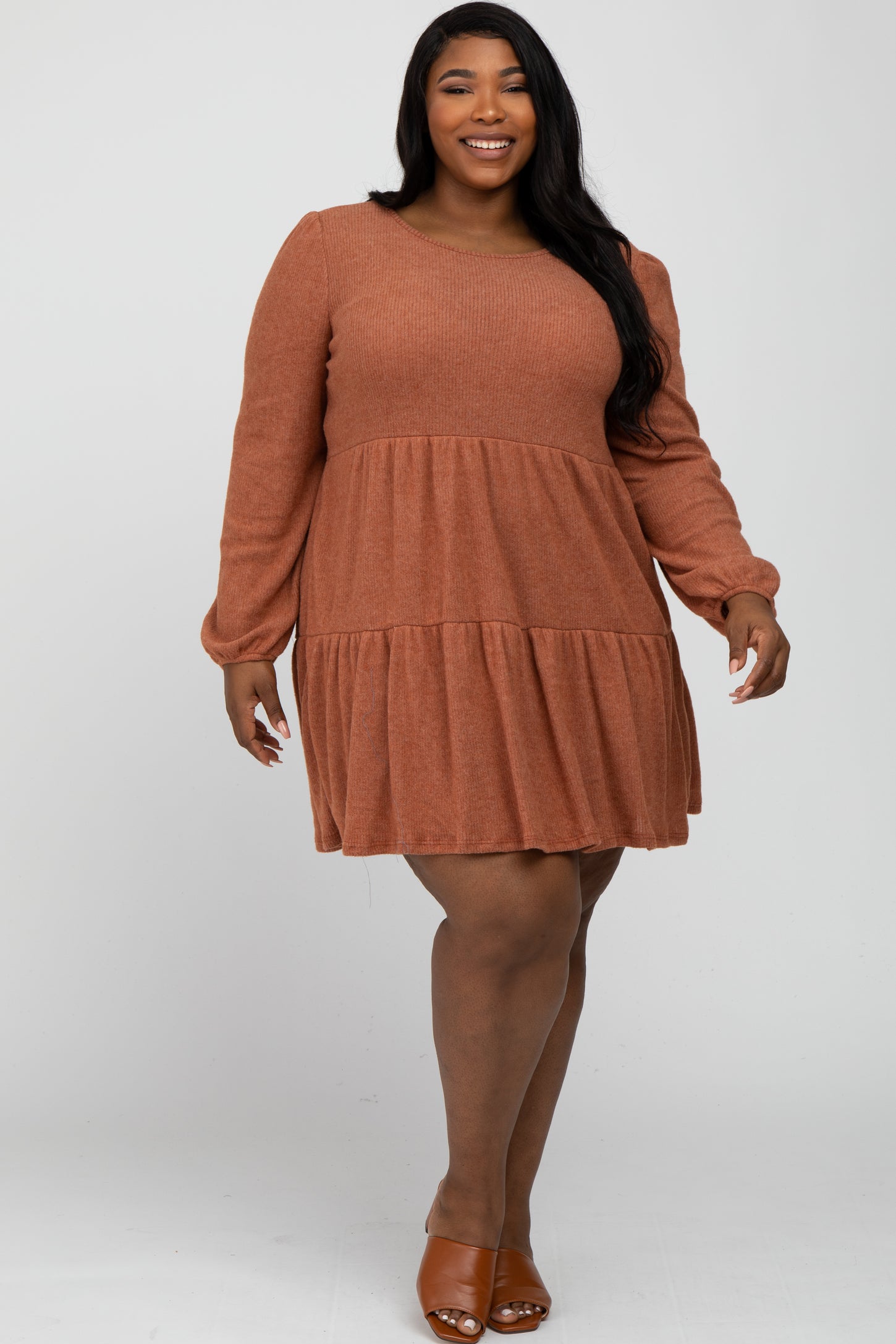 Rust Brushed Knit Tiered Plus Dress