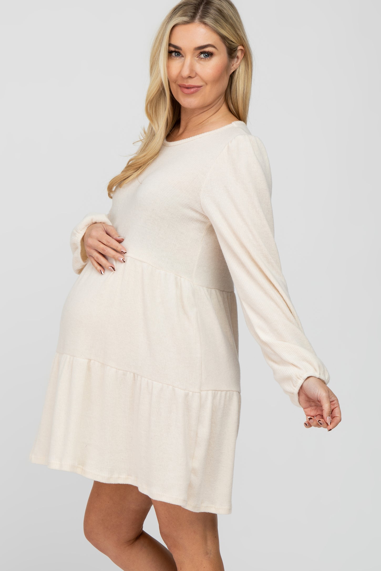 Cream Brushed Knit Tiered Maternity Dress