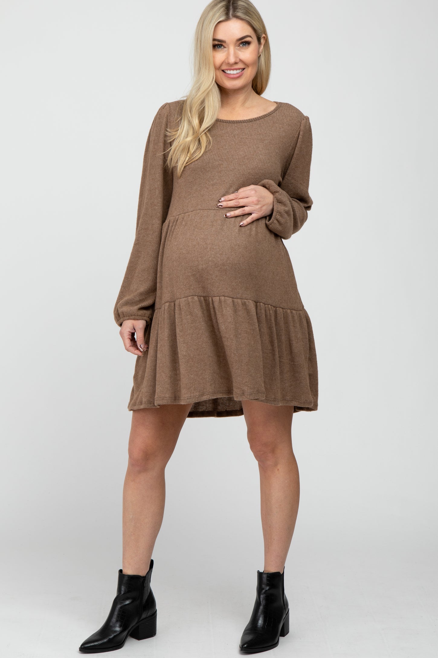 Mocha Brushed Knit Tiered Maternity Dress