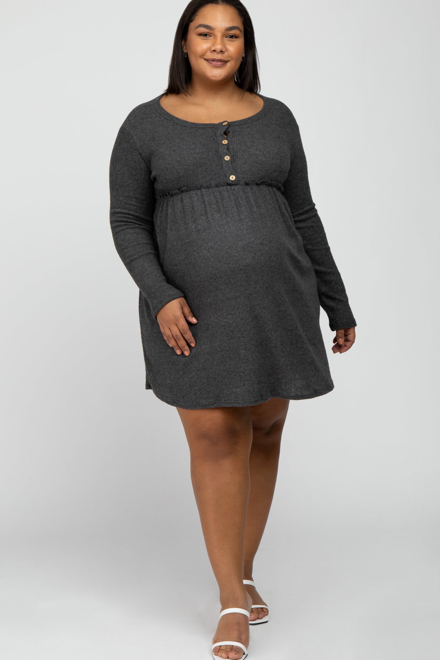 Charcoal Brushed Rib Button Accent Maternity Plus Dress