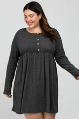 Charcoal Brushed Rib Button Accent Plus Dress