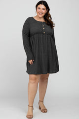 Charcoal Brushed Rib Button Accent Plus Dress