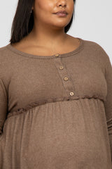 Mocha Brushed Rib Button Accent Maternity Plus Dress