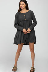 Charcoal Brushed Rib Button Accent Maternity Dress