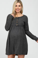 Charcoal Brushed Rib Button Accent Maternity Dress