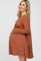 Rust Brushed Rib Button Accent Maternity Dress