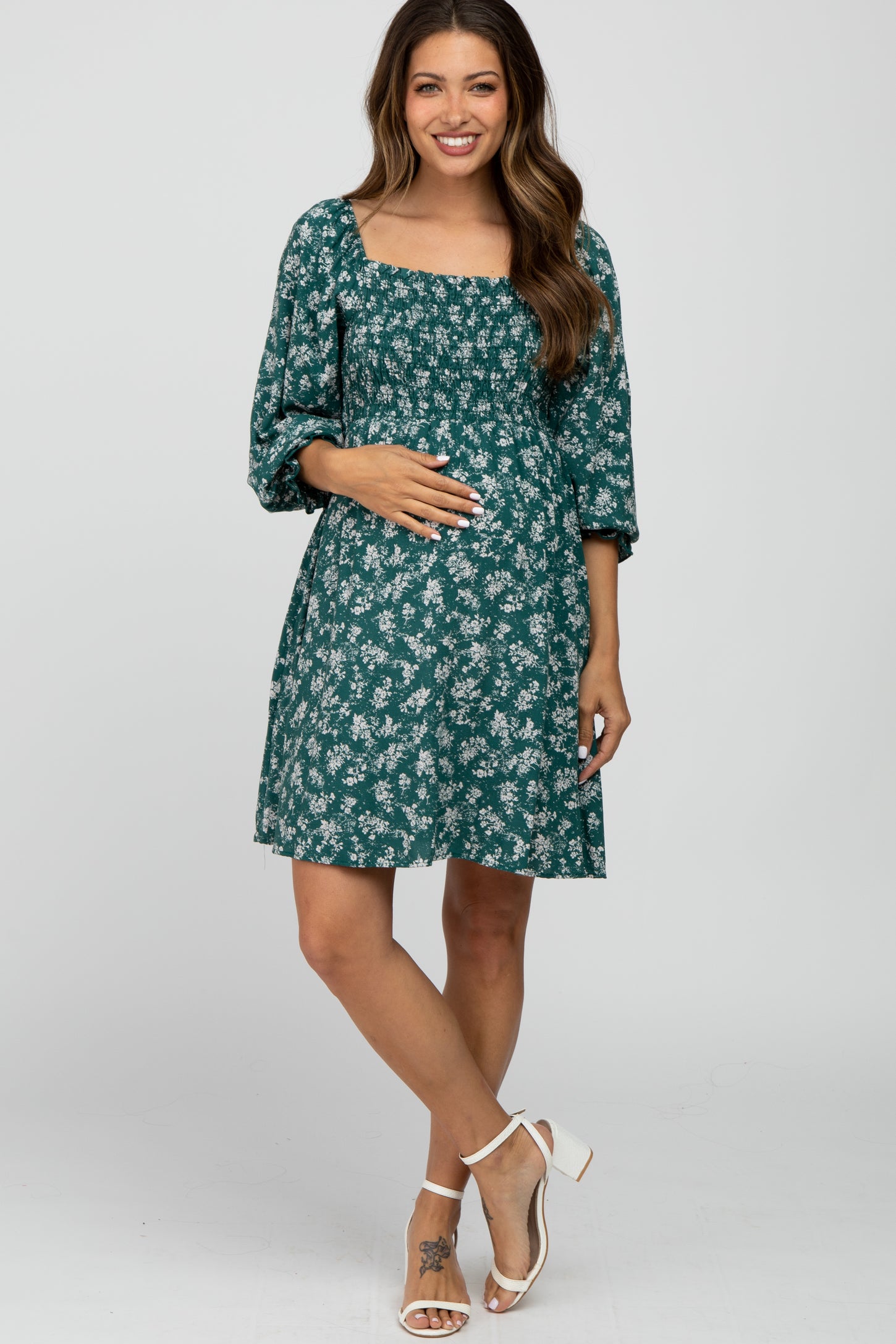 Green Floral Smocked Smocked Maternity Dress – PinkBlush