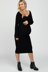 Black Ribbed Knit Fitted Maternity Dress