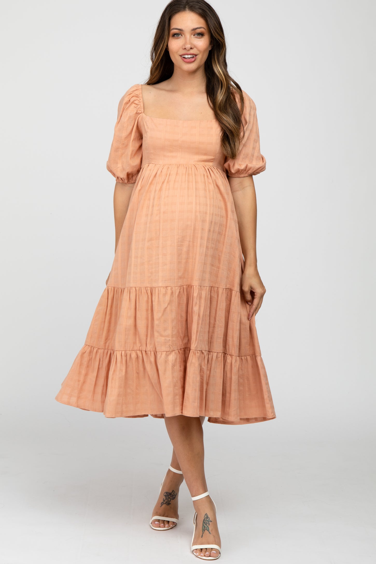 Peach Plaid Square Neck Maternity Midi Dress– PinkBlush