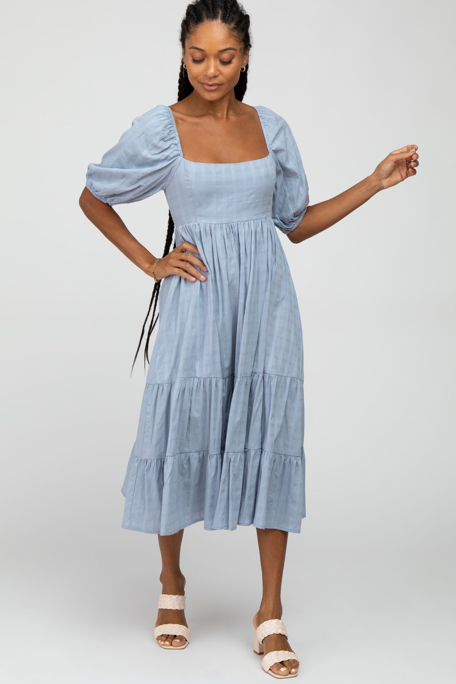 Blue Plaid Square Neck Maternity Midi Dress PinkBlush Blue Plaid Square Neck Maternity Midi Dress PinkBlush