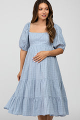 Blue Plaid Square Neck Maternity Midi Dress
