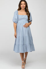 Blue Plaid Square Neck Maternity Midi Dress