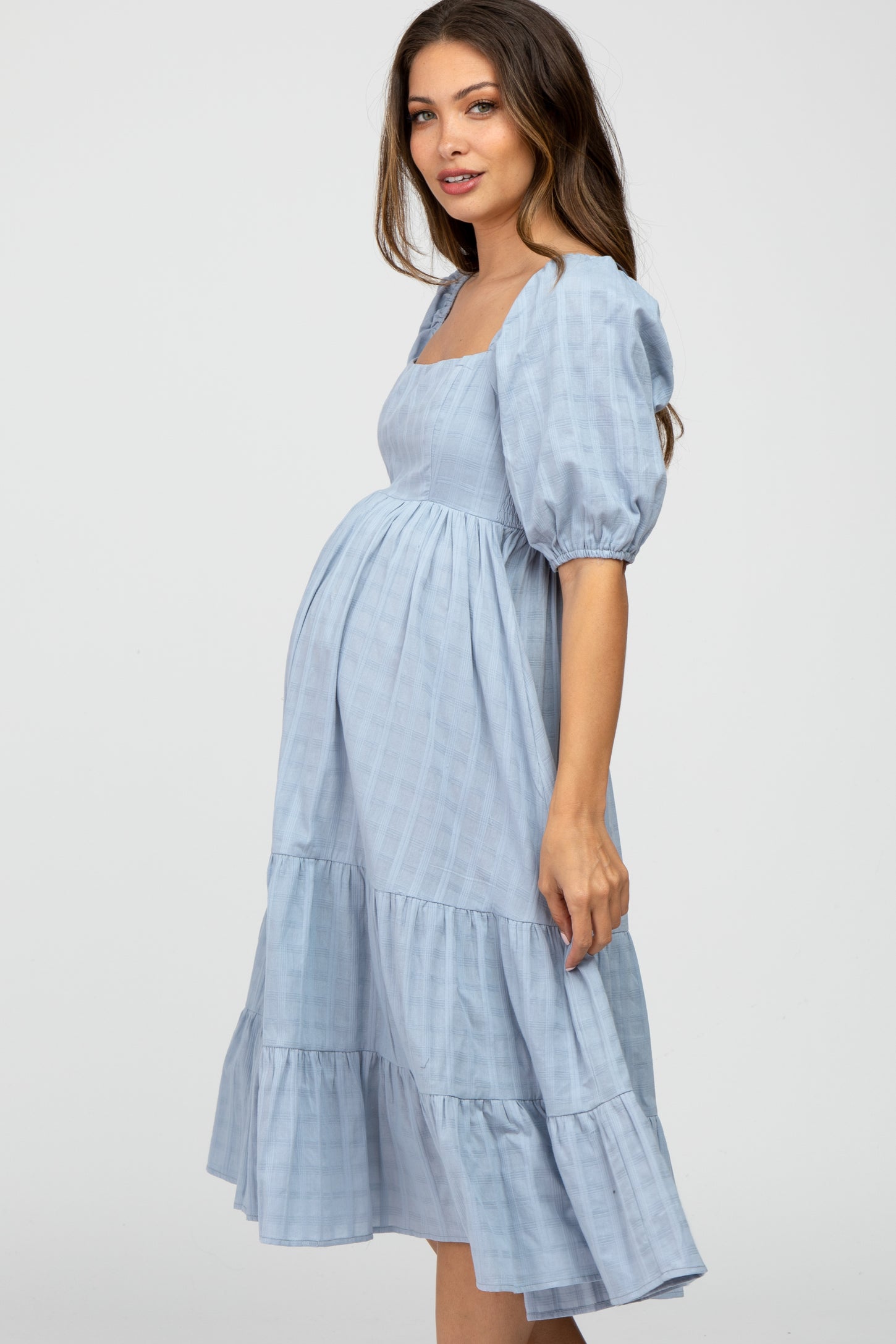 Blue Plaid Square Neck Maternity Midi Dress PinkBlush Blue Plaid Square Neck Maternity Midi Dress PinkBlush