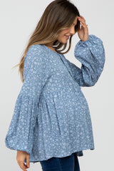Blue Floral Print Babydoll Long Sleeve Maternity Top