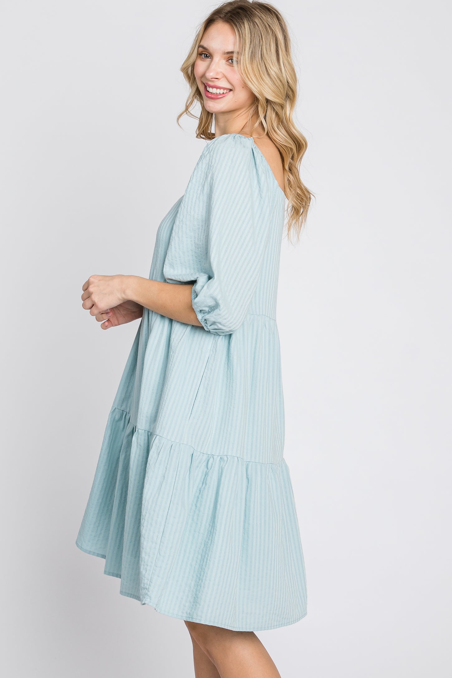 Light Blue Striped Square Neck Puff Sleeve Dress – PinkBlush