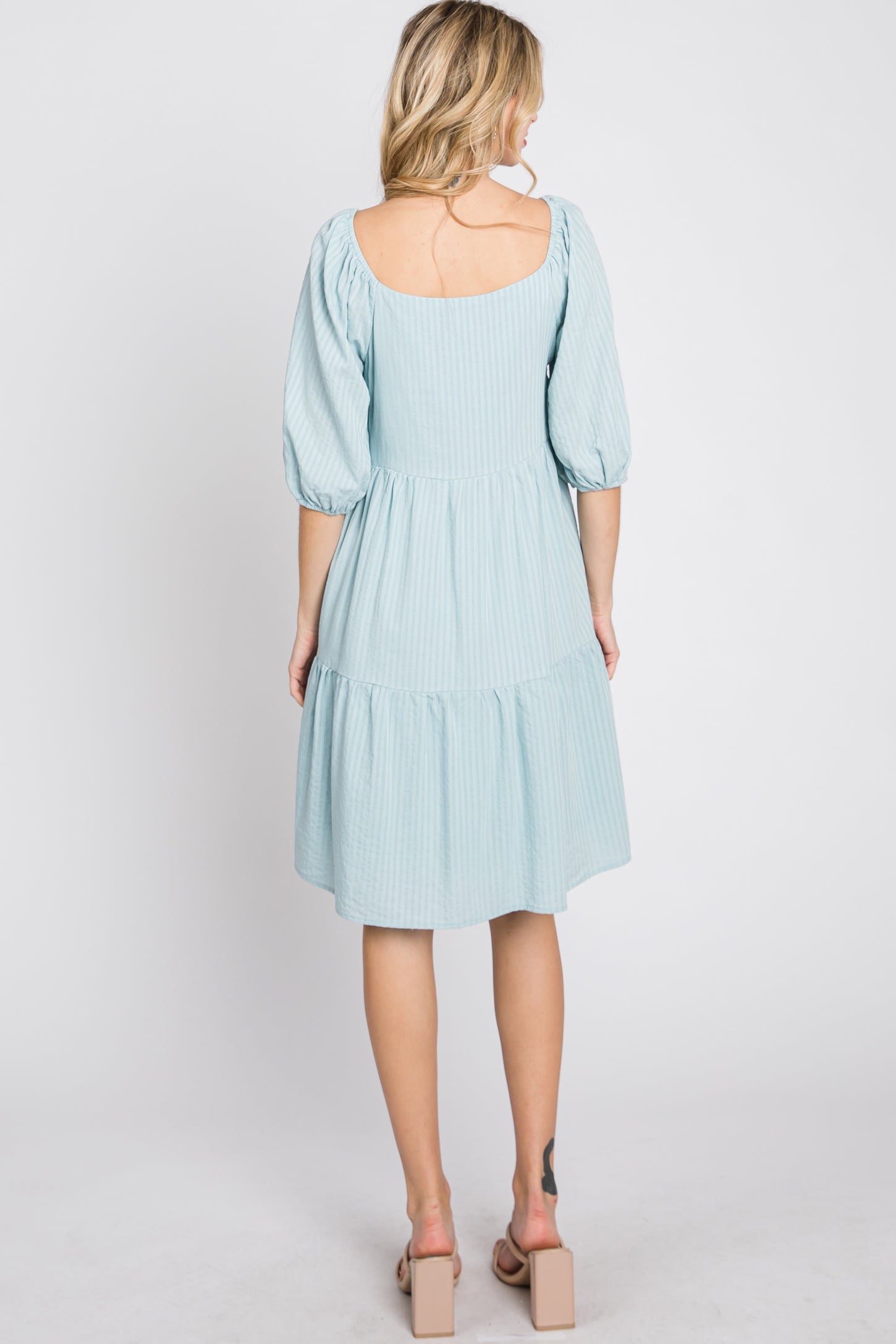 Light Blue Striped Square Neck Puff Sleeve Dress – PinkBlush