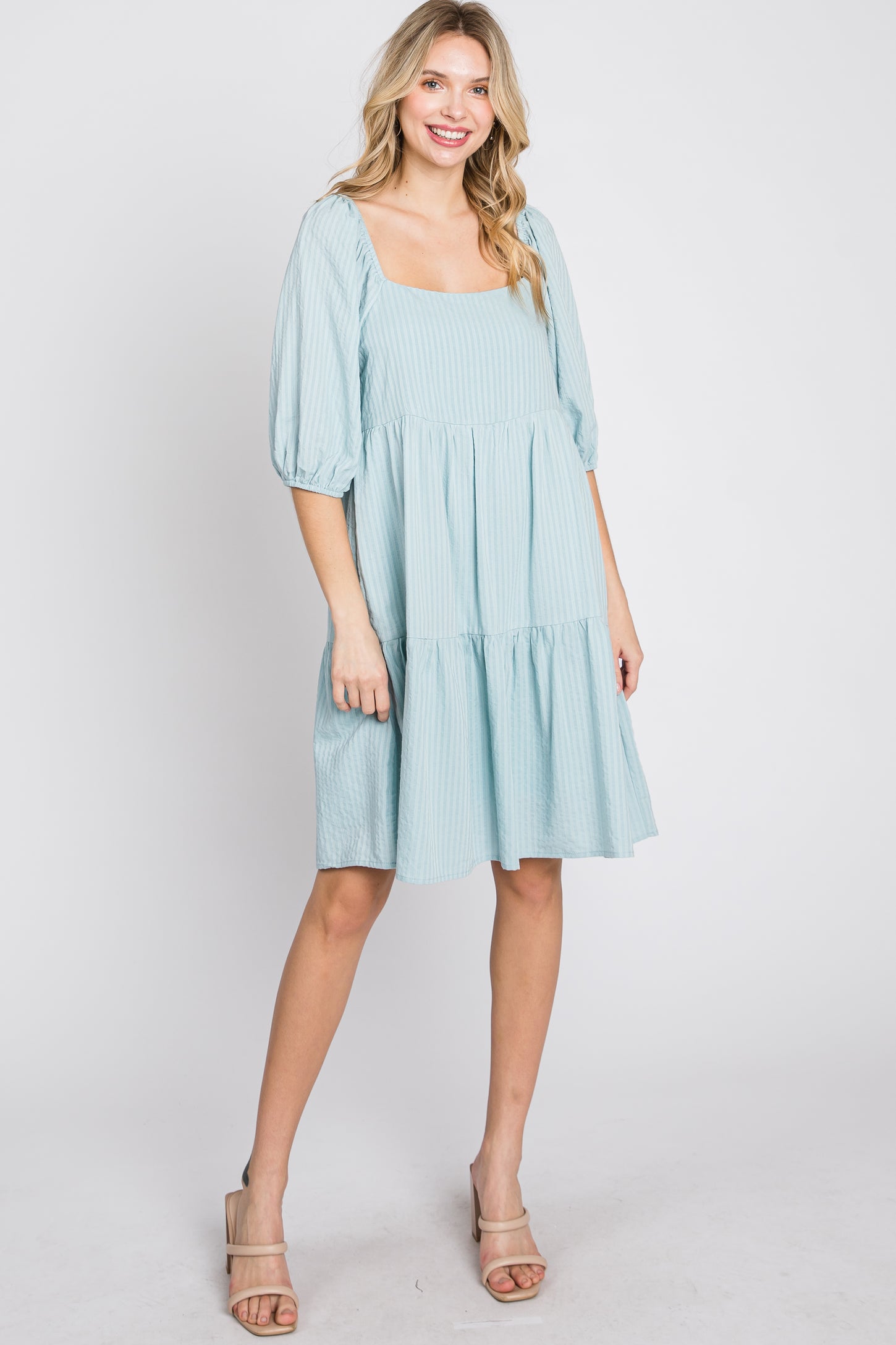 Light Blue Striped Square Neck Puff Sleeve Dress – PinkBlush