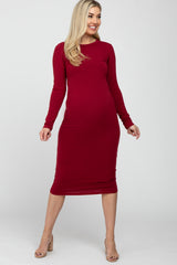 Burgundy Basic Fitted Maternity Midi Dress