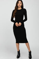 Black Basic Fitted Midi Dress