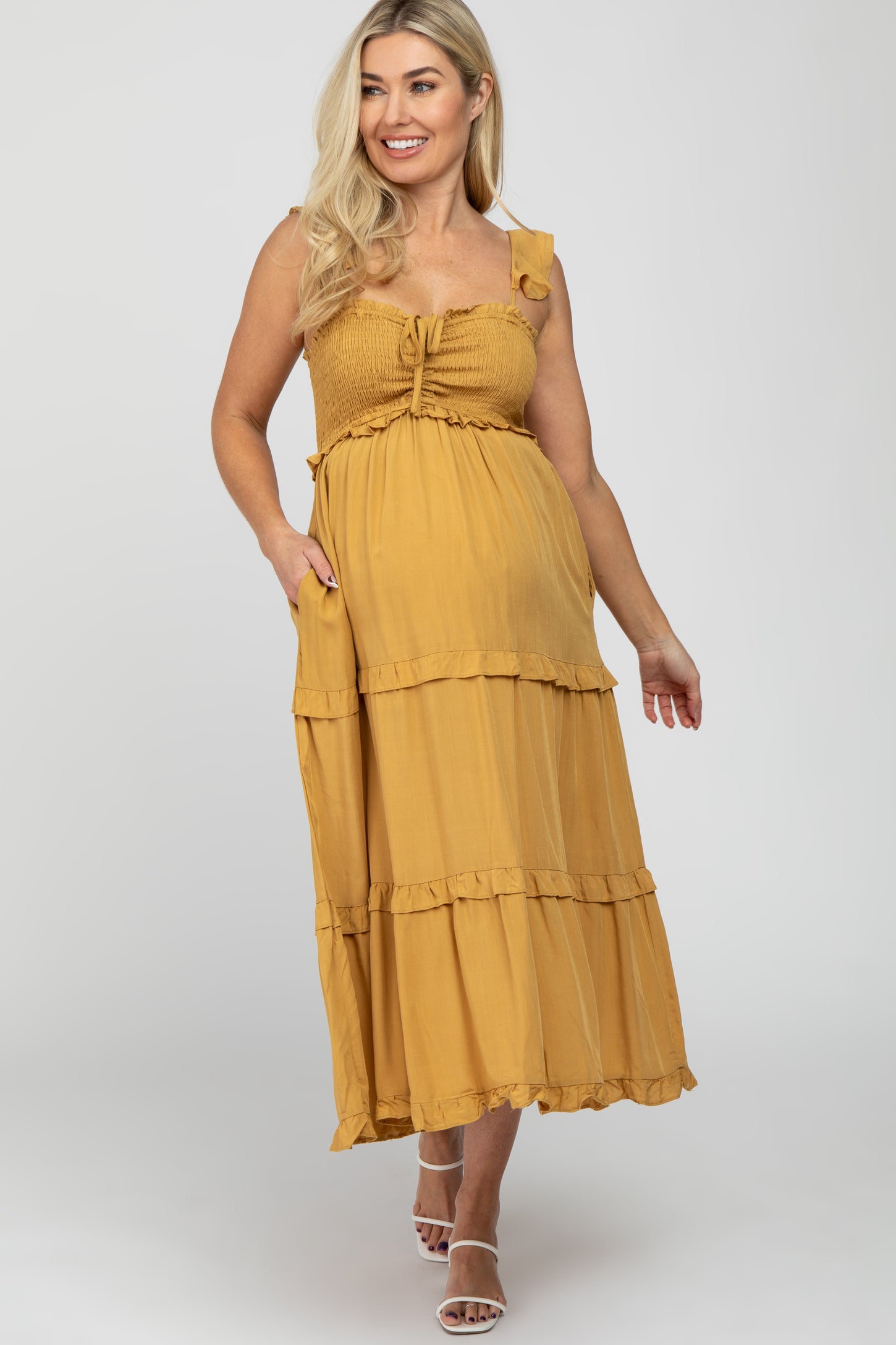 Yellow Ruffle Tiered Maternity Midi Dress
