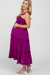 Magenta Ruffle Tiered Maternity Midi Dress