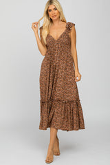 Brown Floral Ruffle Accent Midi Dress