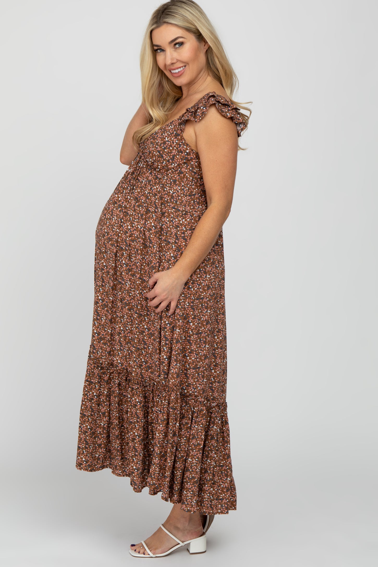 Brown Floral Ruffle Accent Maternity Midi Dress