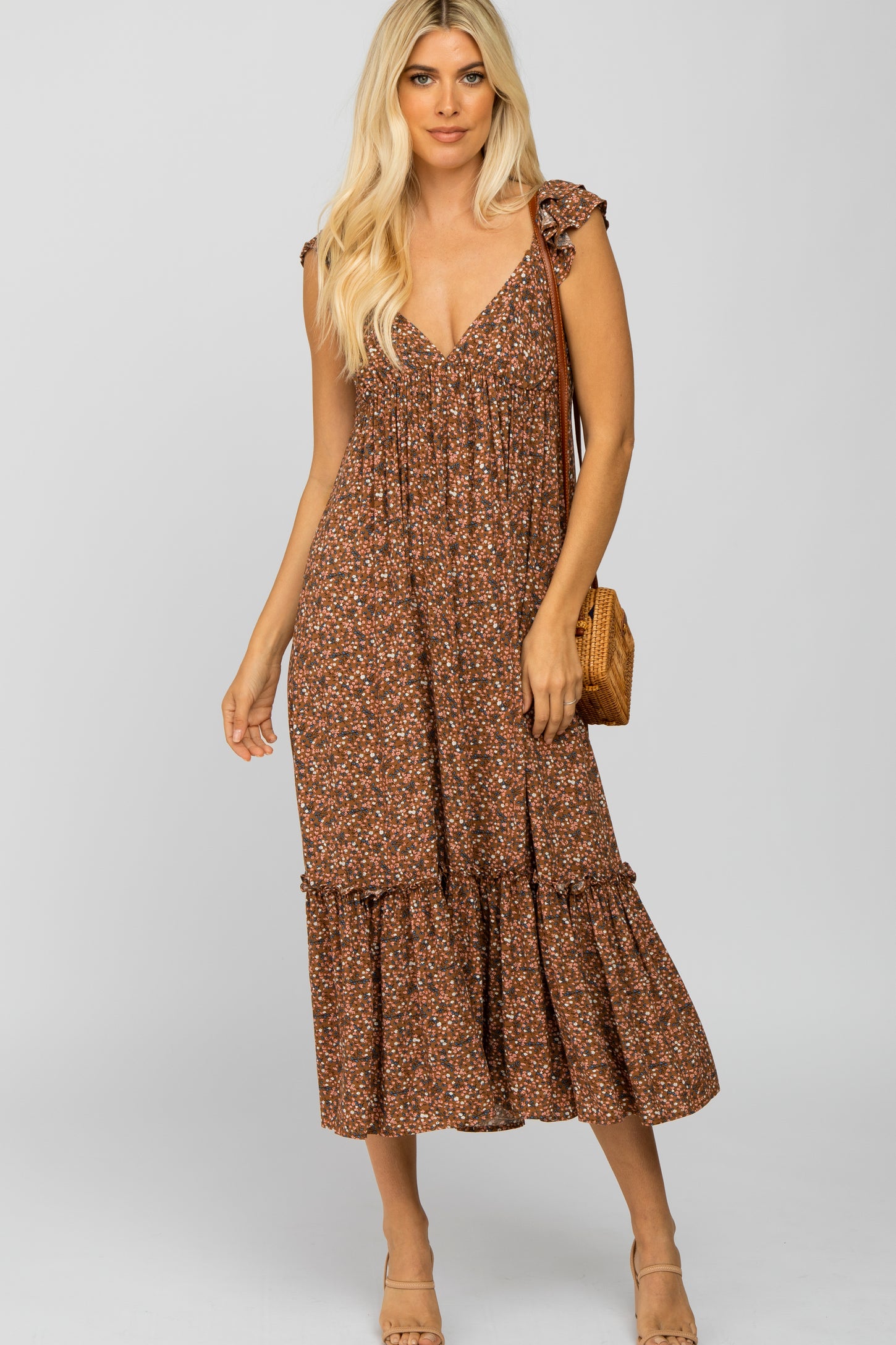 Brown Floral Ruffle Accent Midi Dress