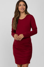 Red Long Sleeve Wrap Hem Fitted Maternity Dress