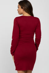 Red Long Sleeve Wrap Hem Fitted Maternity Dress