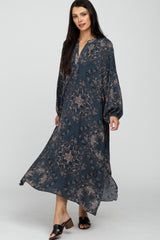 Dark Teal Floral V-Neck Side Slit Midi Dress
