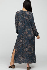 Dark Teal Floral V-Neck Side Slit Midi Dress