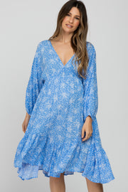 Blue Ditsy Floral V-Neck Handkerchief Maternity Dress