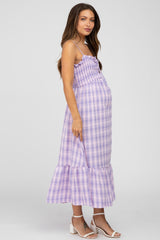 Lavender Plaid Smocked Maternity Midi Dress