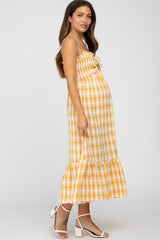 Yellow Plaid Smocked Maternity Midi Dress