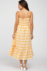 Yellow Plaid Smocked Maternity Midi Dress