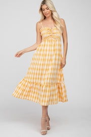Yellow Plaid Smocked Midi Dress