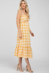 Yellow Plaid Smocked Midi Dress