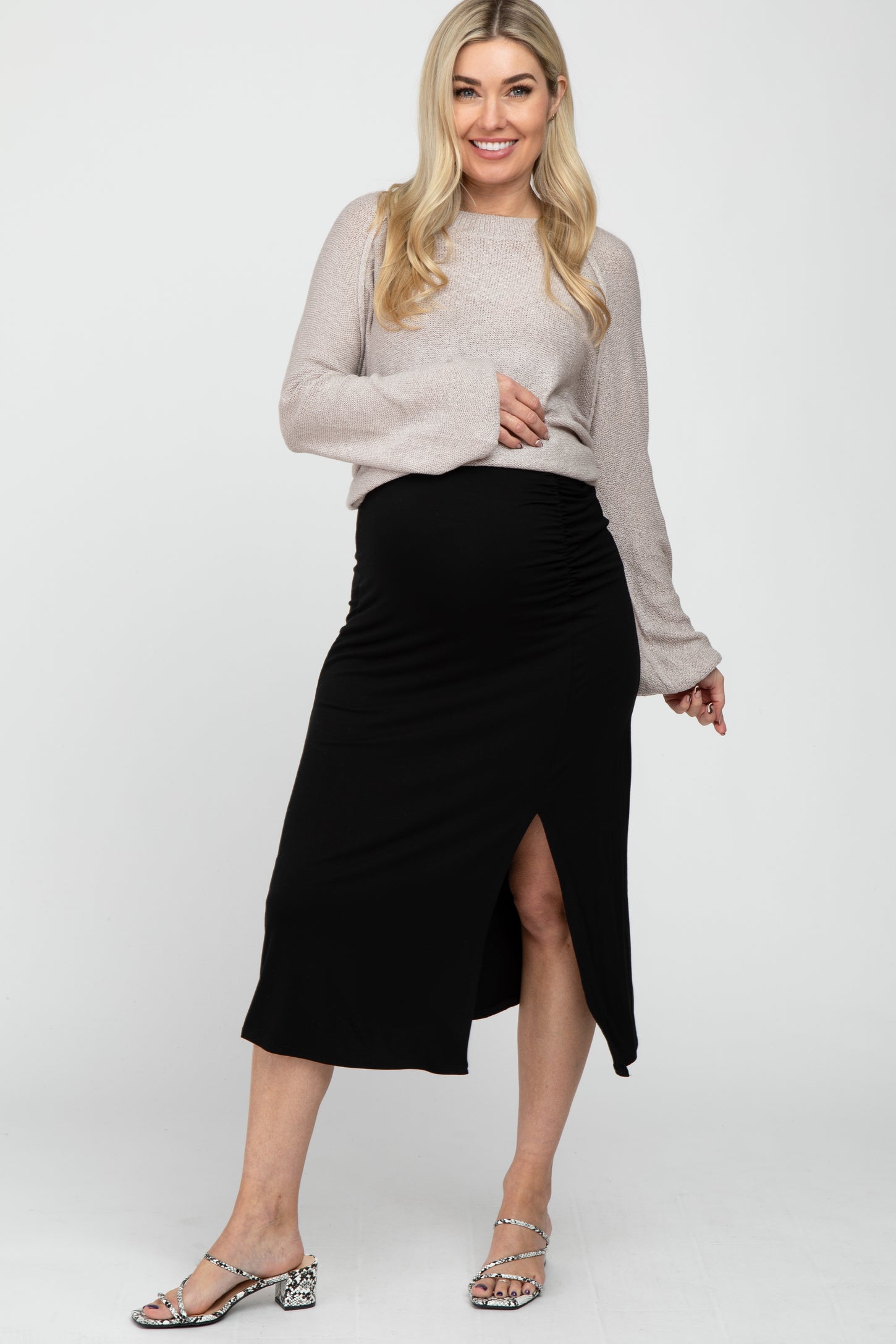 Black Ruched Maternity Midi Skirt