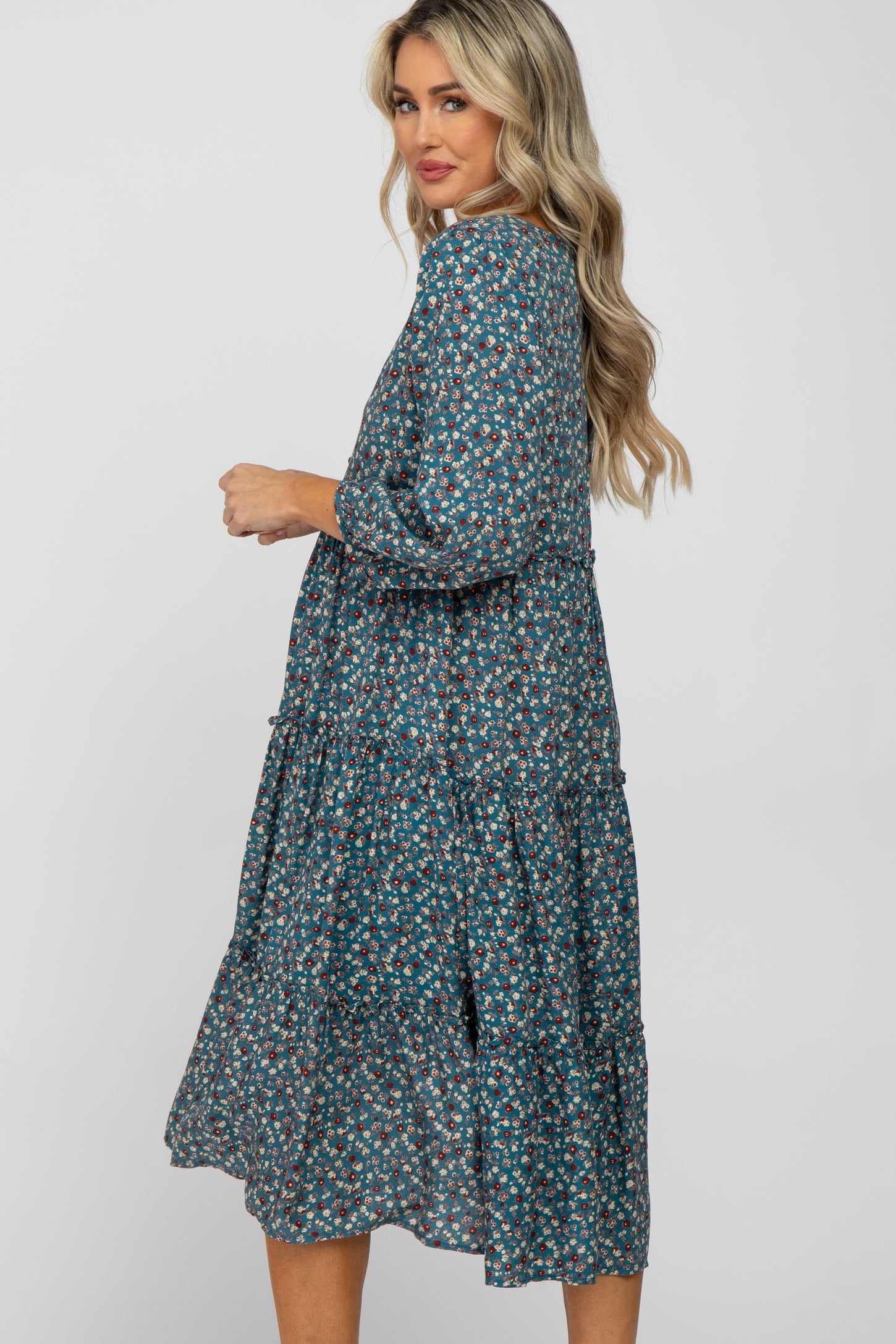 Blue Floral Button Front Tiered Ruffle Maternity Midi Dress– PinkBlush