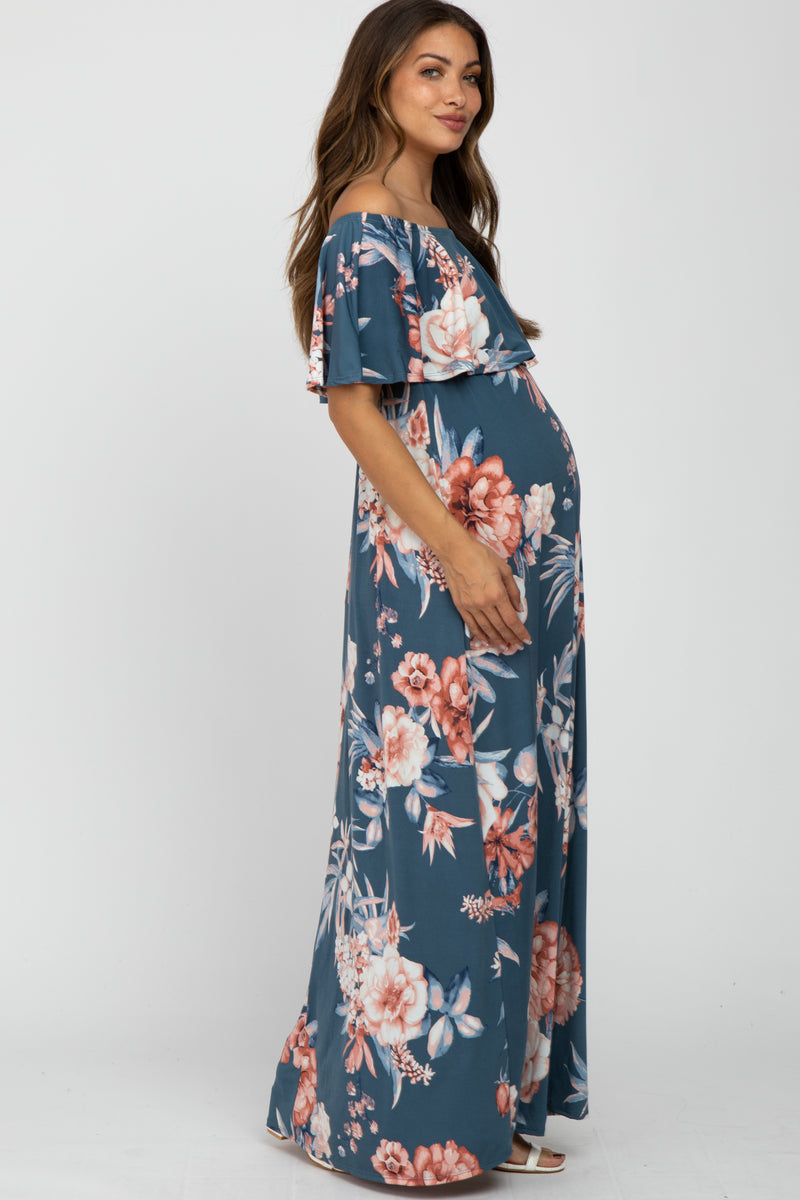 Blue Floral Off Shoulder Maternity Maxi Dress– PinkBlush