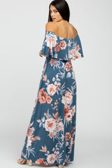 Blue Floral Off Shoulder Maxi Dress