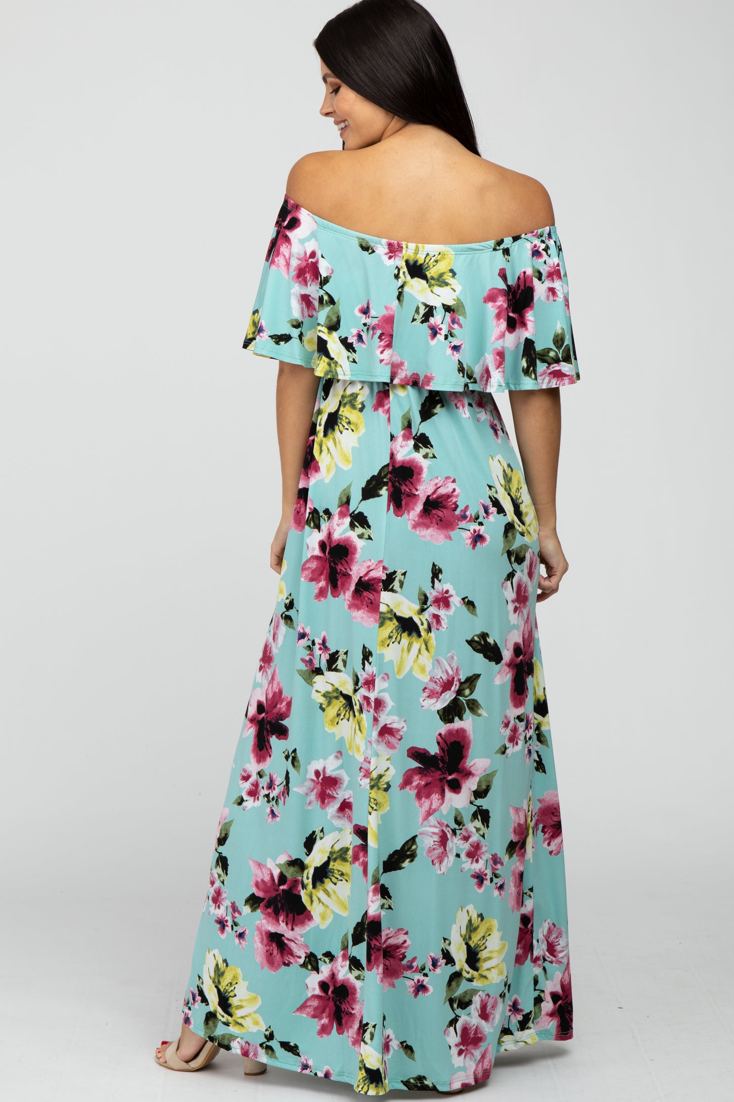 Mint Green Floral Off Shoulder Maxi Dress